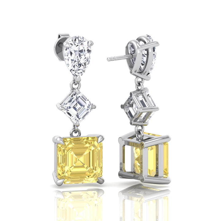 Pear & Asscher Cut Natural Diamond & Fancy Yellow Diamond Drop Earrings