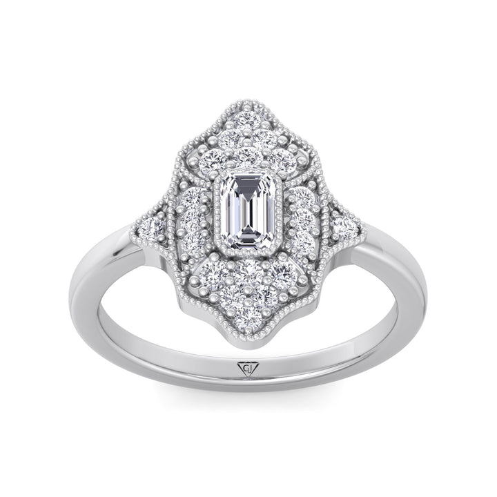 Ornella - Vintage Style Emerald Shape Diamond Engagement Ring With Round Side Stone