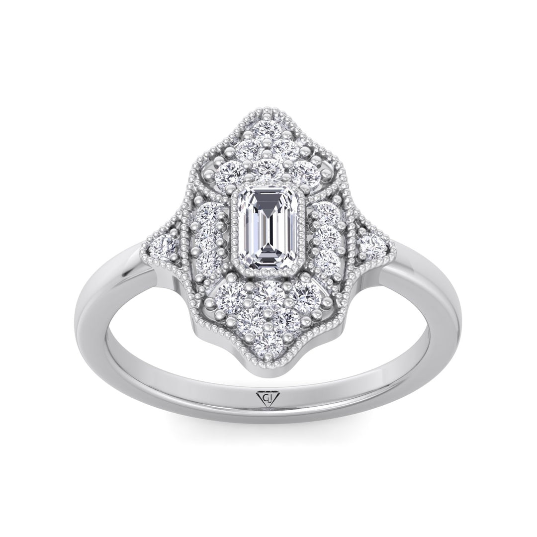 Ornella - Vintage Style Emerald Shape Diamond Engagement Ring With Round Side Stone - Gem Jewelers Co