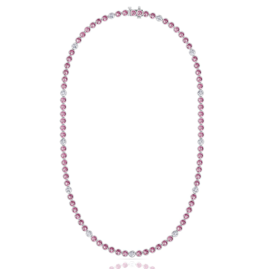 Bezel Set Natural Pink Sapphire Tennis Necklace with Diamonds
 White Gold 14K 18K