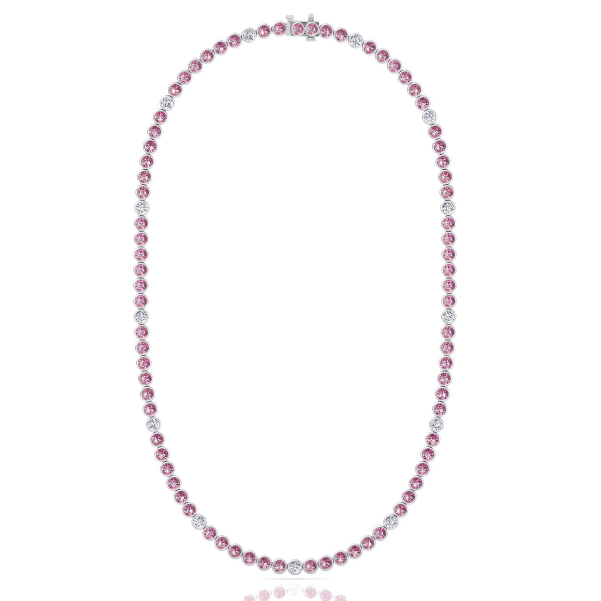 Bezel Set Natural Pink Sapphire Tennis Necklace with Diamonds
 White Gold 14K 18K