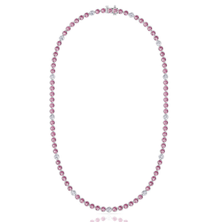 Bezel Set Natural Pink Sapphire Tennis Necklace with Diamonds
 White Gold 14K 18K