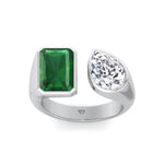 Pamina - Bezel Set Toi Et Moi Green Emerald and Pear Shape Diamond Open Ring - Gem Jewelers Co
