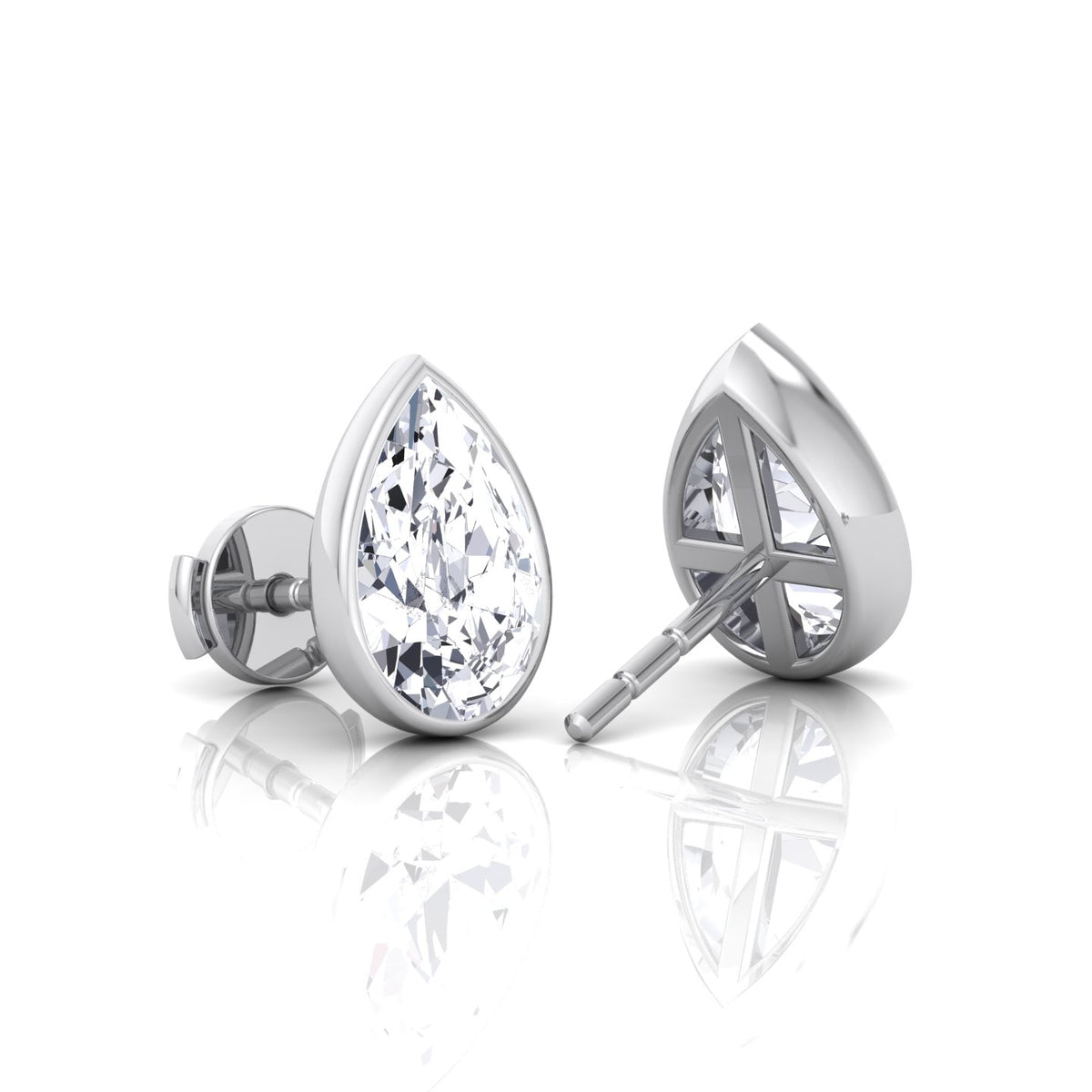 Bezel Set -Pear Shape Natural Diamond Studs-14K-18K-0.5CT-1CT-2CT-White Gold