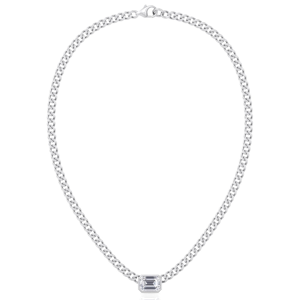 Bezel Set Emerald Cut Natural Diamond Cuban Chain Necklace White Gold 14K 18K