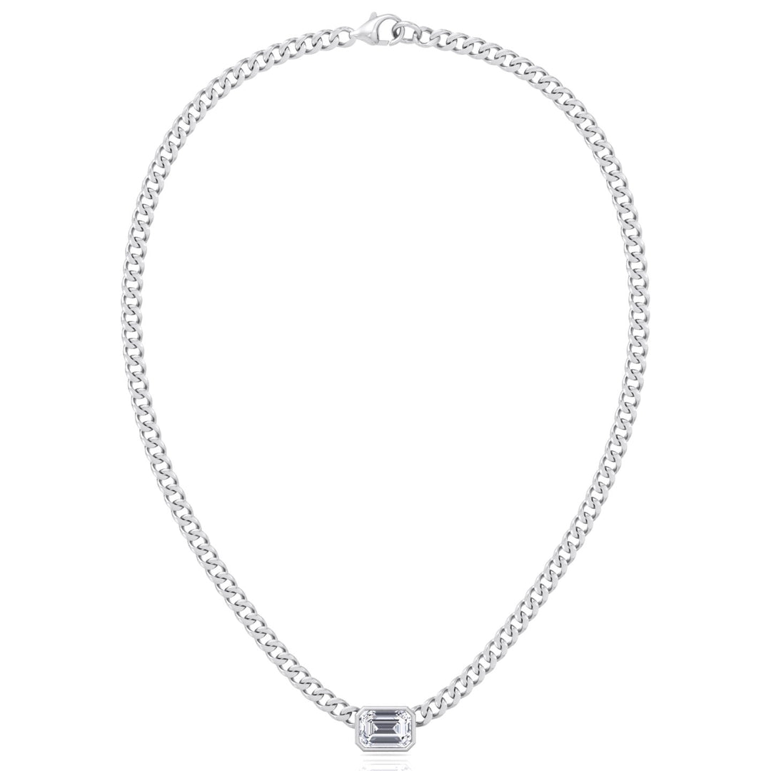 Bezel Set Emerald Cut Natural Diamond Cuban Chain Necklace White Gold 14K 18K