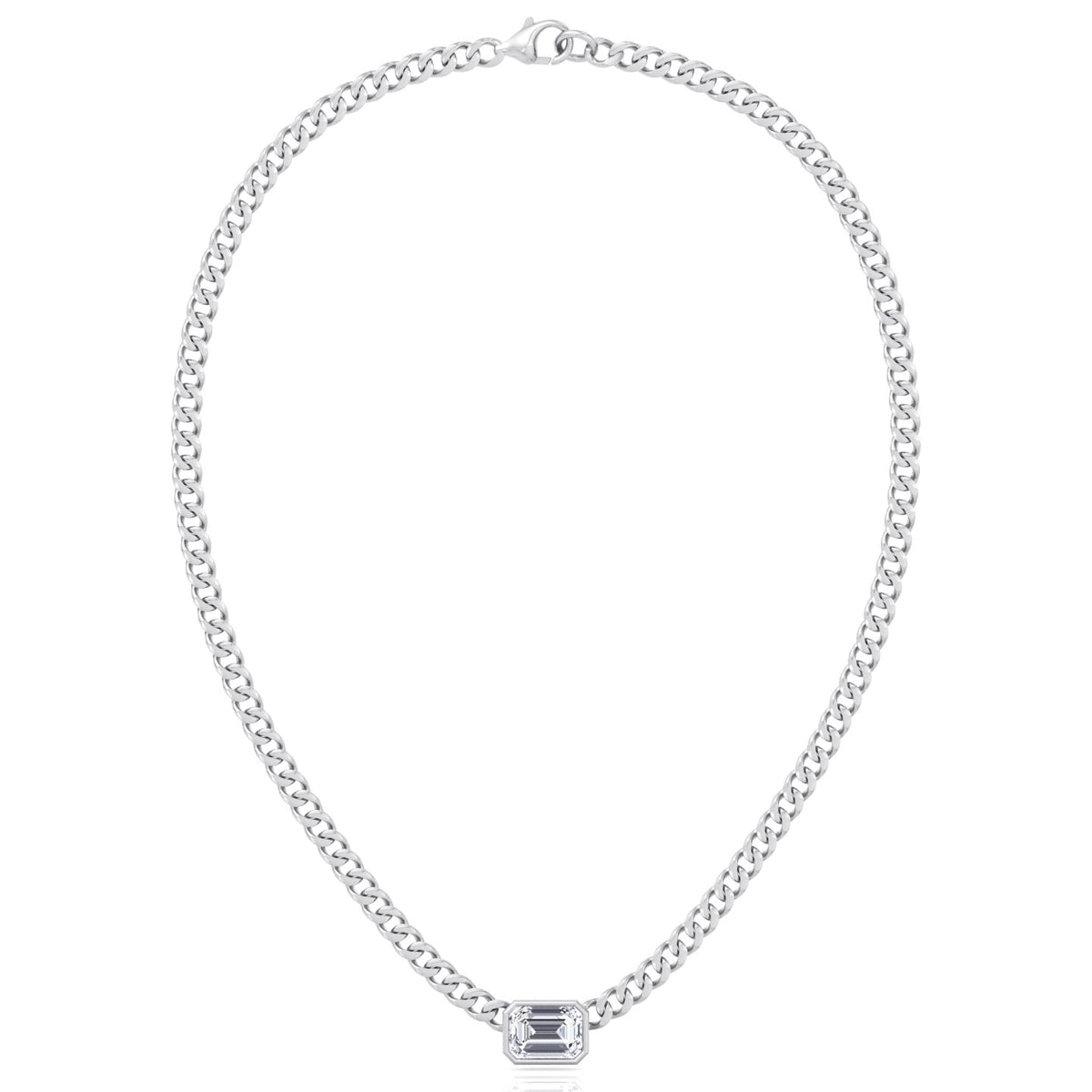Bezel Set Emerald Cut Natural Diamond Cuban Chain Necklace White Gold 14K 18K