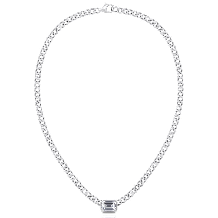 Bezel Set Emerald Cut Natural Diamond Cuban Chain Necklace White Gold 14K 18K