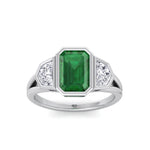 Bezel Set Natural Emerald Shape Green Emerald with Half Moon Diamond Sidestones Engagement Ring White Gold 14K 18K