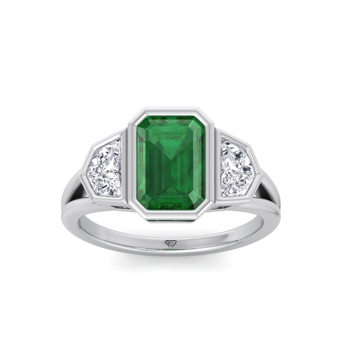 Bezel Set Natural Emerald Shape Green Emerald with Half Moon Diamond Sidestones Engagement Ring White Gold 14K 18K