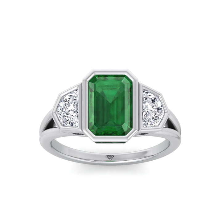 Bezel Set Natural Emerald Shape Green Emerald with Half Moon Diamond Sidestones Engagement Ring White Gold 14K 18K