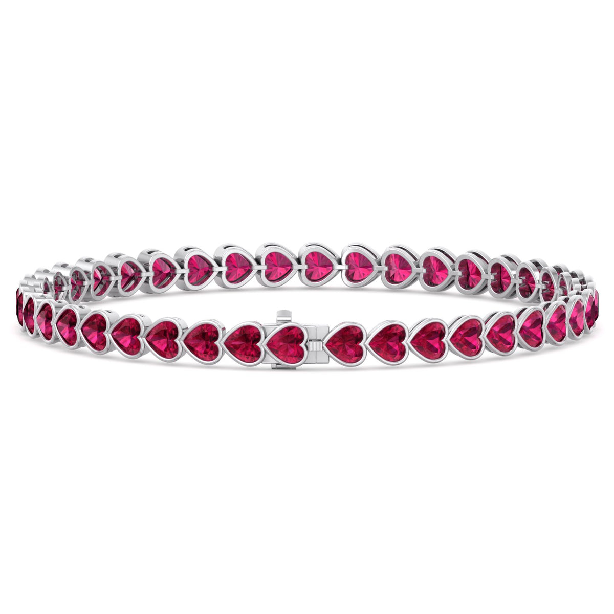 East to West Heart Shape Bezel Set Natural Red Ruby Tennis Bracelet White Gold 14K 18K