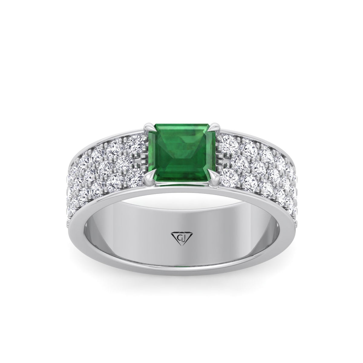 Natural Green Emerald Cushion Cut with Pave Eternity Band WG 4