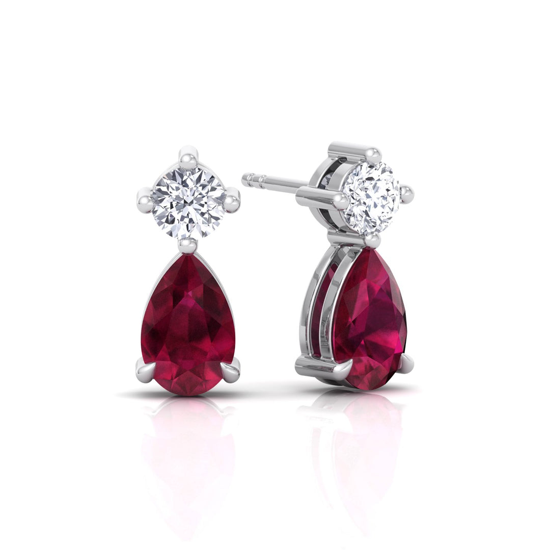 Natural Round Shape Diamond & Pear Shape Red Ruby Drop Earrings