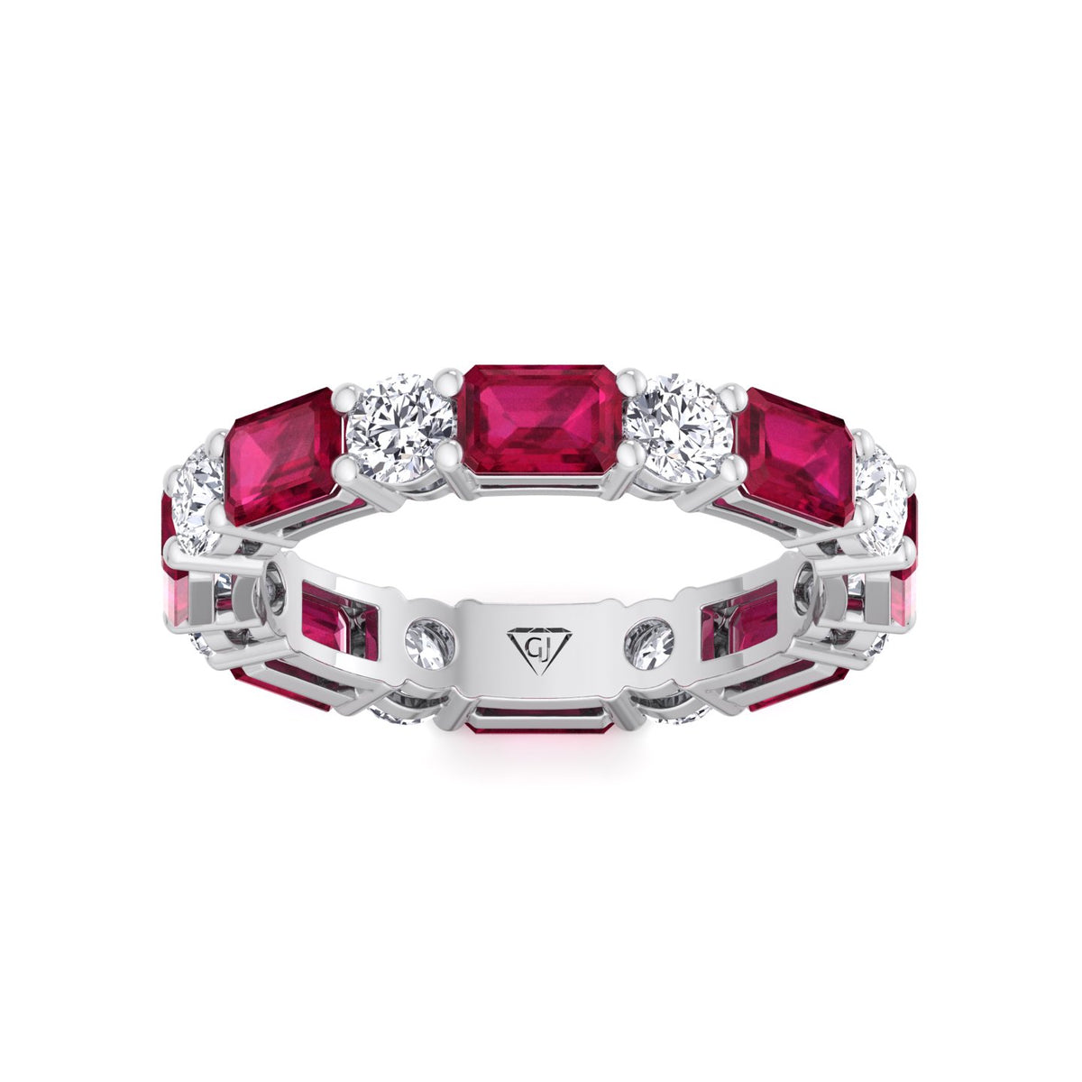 Alternating Natural Emerald Shape Red Ruby and Round Shape Diamond Eternity Band White Gold 18K