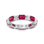 Alternating Natural Emerald Shape Red Ruby and Round Shape Diamond Eternity Band White Gold 18K