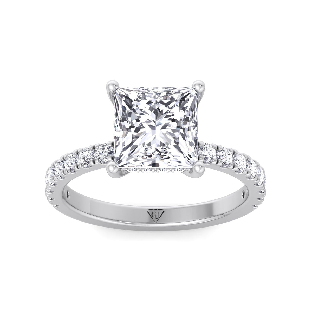 Madella - Princess Shape Hidden Halo Diamond Engagement Ring with Pave Band - Gem Jewelers Co