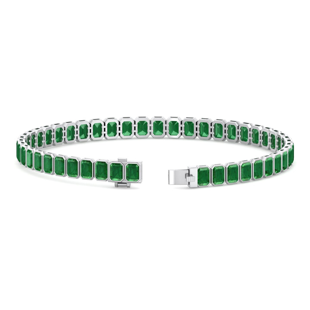 Bezel Set Emerald Cut Natural Green Emerald Tennis Bracelet White Gold 14K