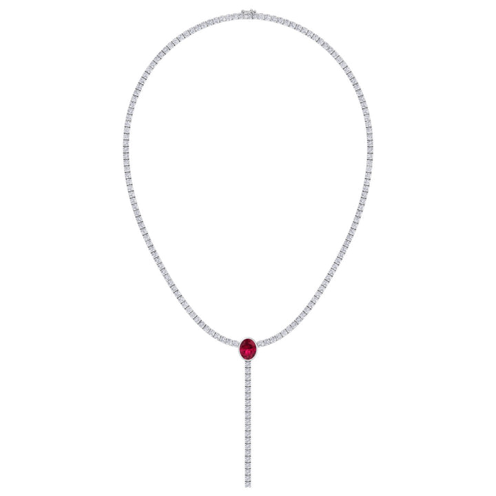 10.50CT T.W Round Natural Diamond Lariat Tennis Necklace with Natural Red Ruby Centerpiece