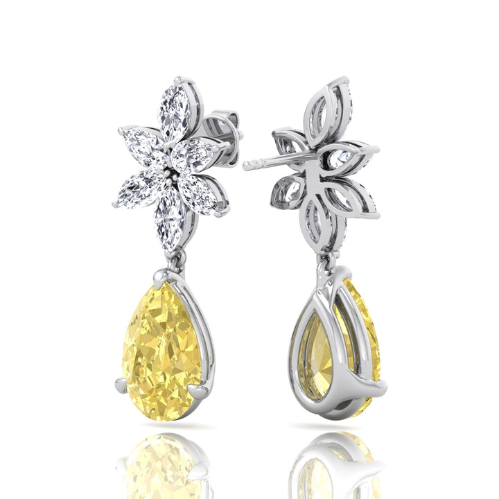 Pear & Marquise Cut Natural Diamond & Fancy Yellow Diamond Cluster Drop Earrings