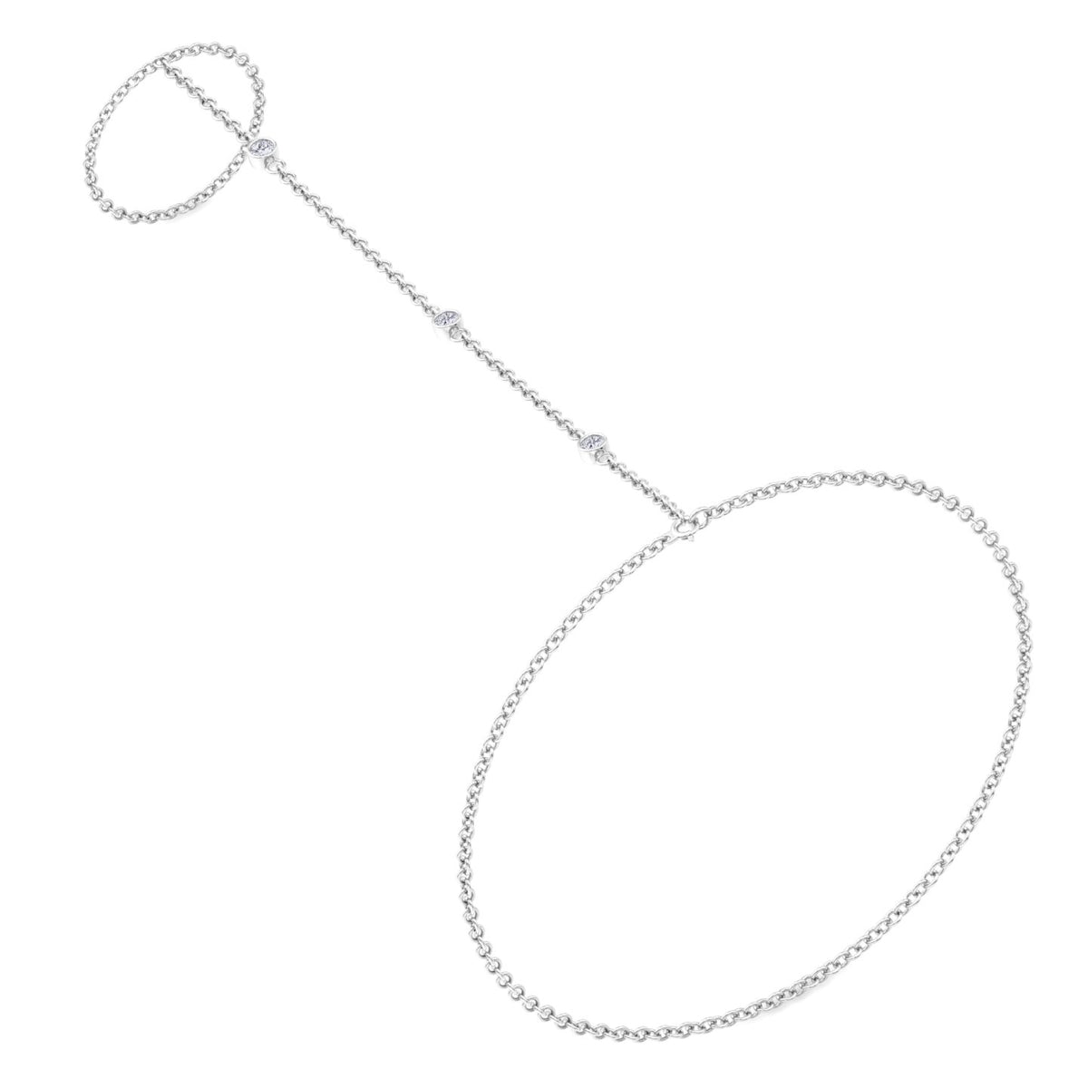 Bezel Set Round Shape Natural Diamond Hand Ring Chain White Gold 14K 0.75ct