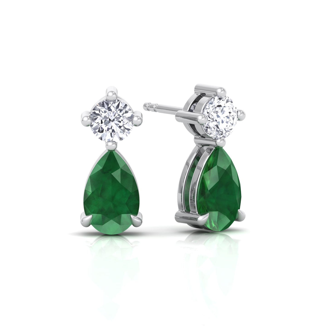 Natural Round Shape Diamond & Pear Shape Green Emerald Drop Earrings