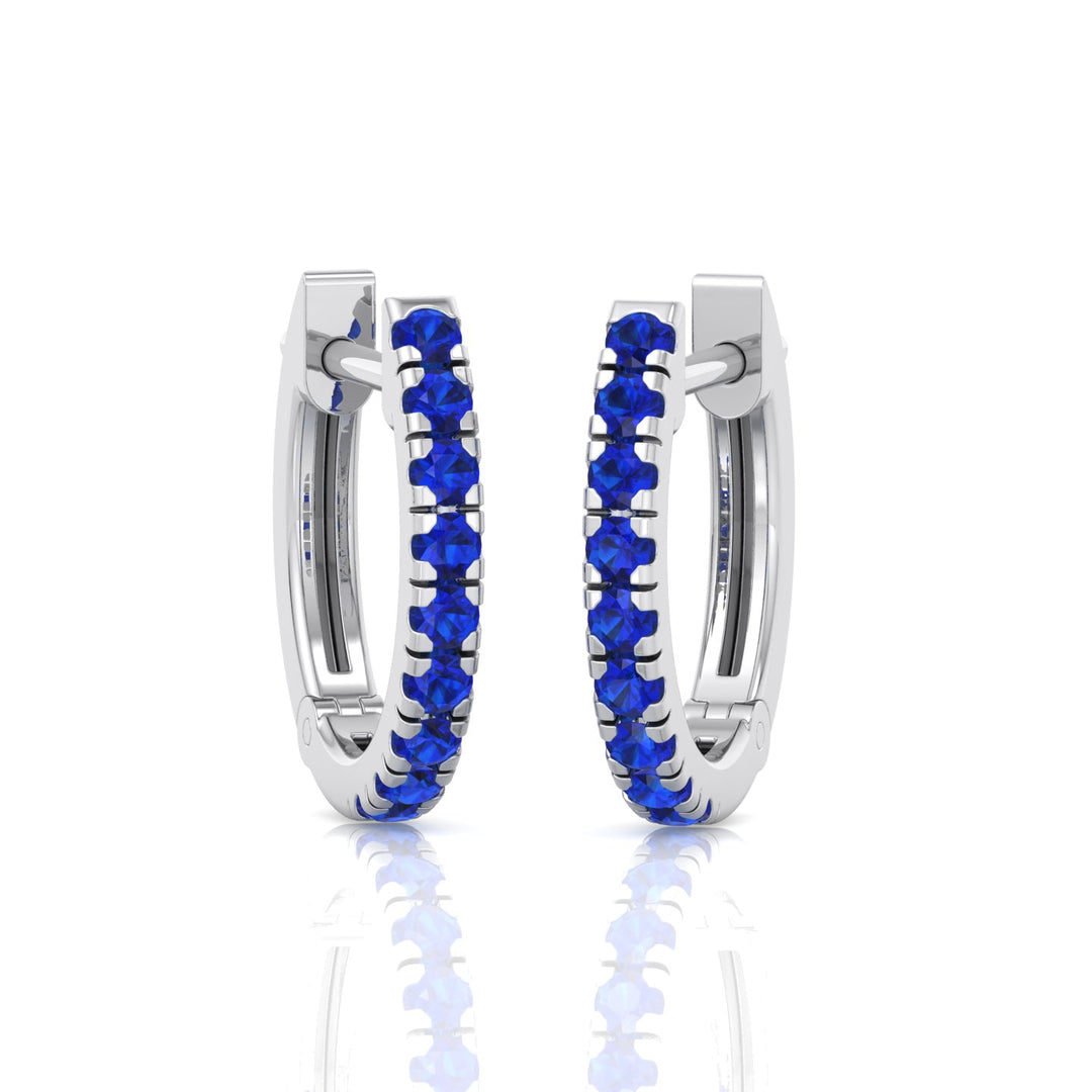 Natural Blue Sapphire Round Shape Huggie Hoop Earrings White Gold 14K