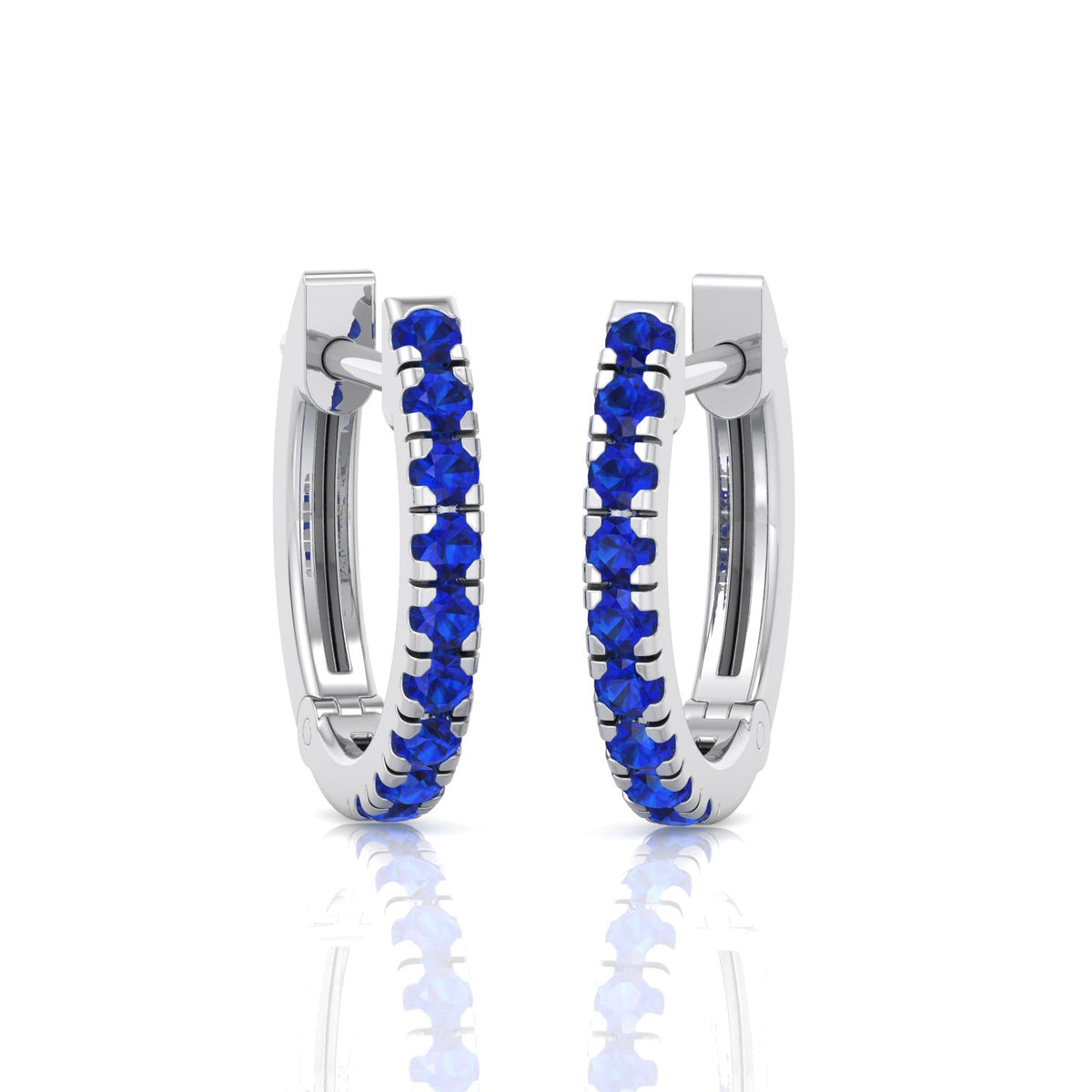 Natural Blue Sapphire Round Shape Huggie Hoop Earrings White Gold 14K