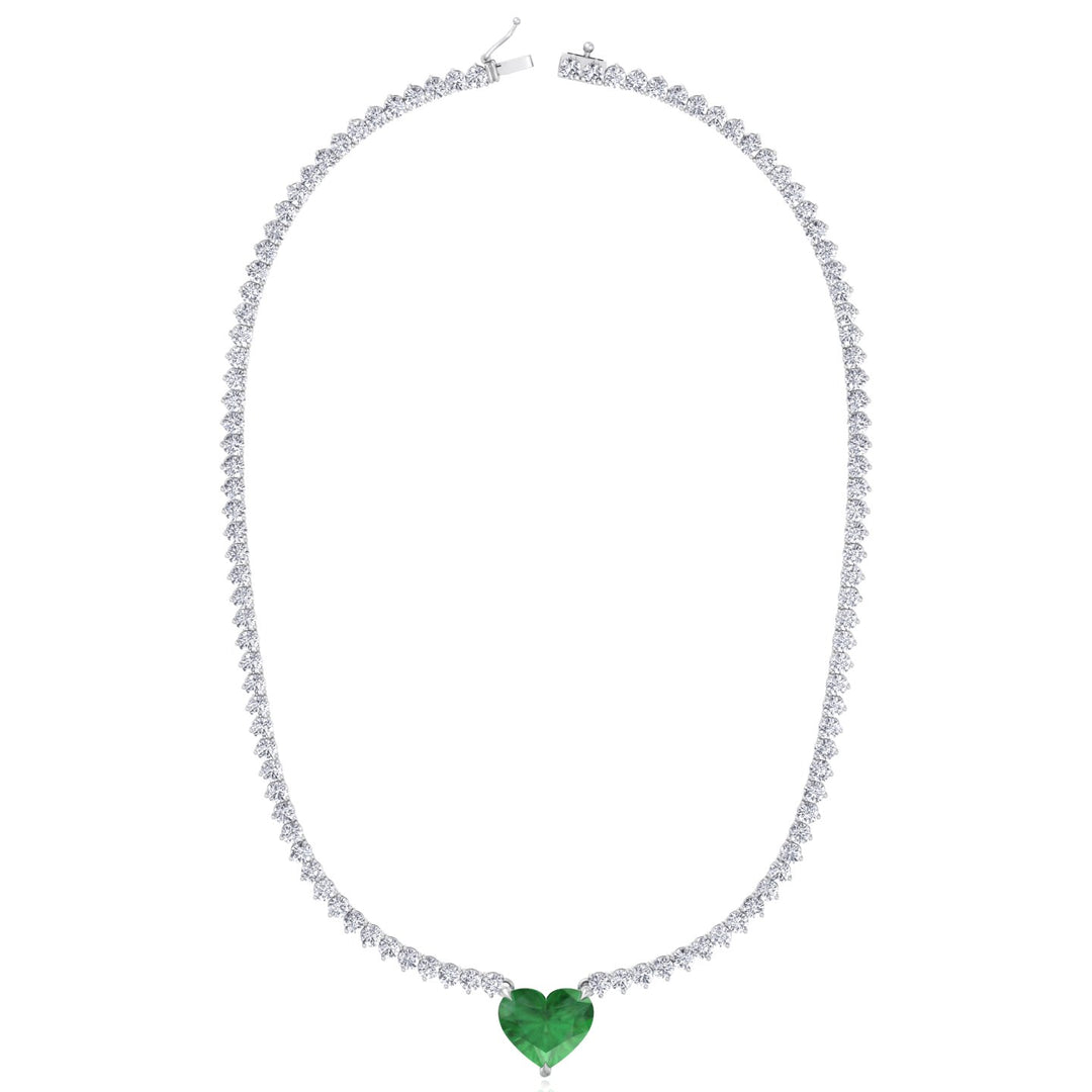  3-Prong Tennis Necklace with Green Emerald Heart Shape Pendant WG 2