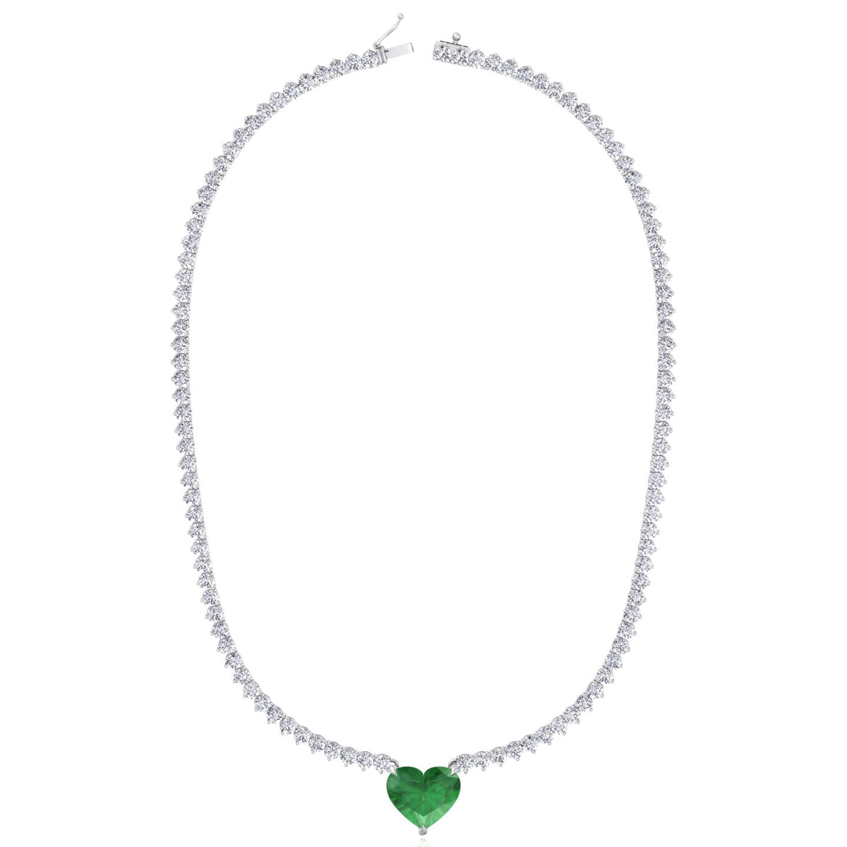  3-Prong Tennis Necklace with Green Emerald Heart Shape Pendant WG 2