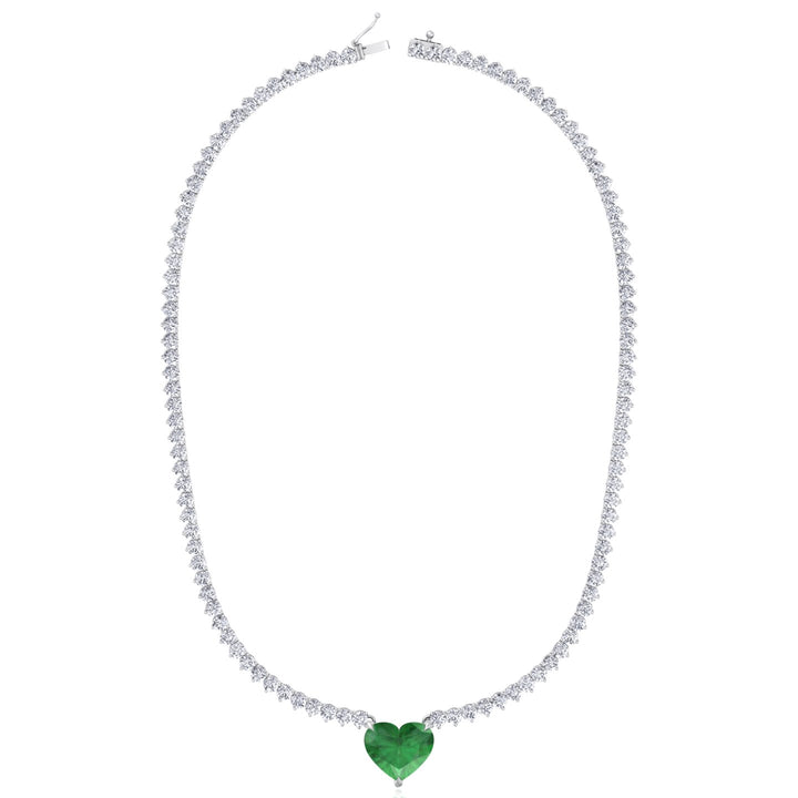  3-Prong Tennis Necklace with Green Emerald Heart Shape Pendant WG 2