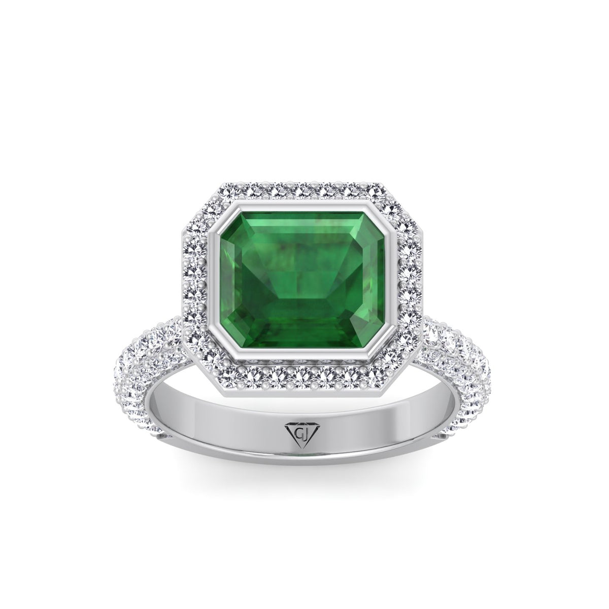 Natural Green Emerald Halo Engagement Ring With Pave Band WG 3