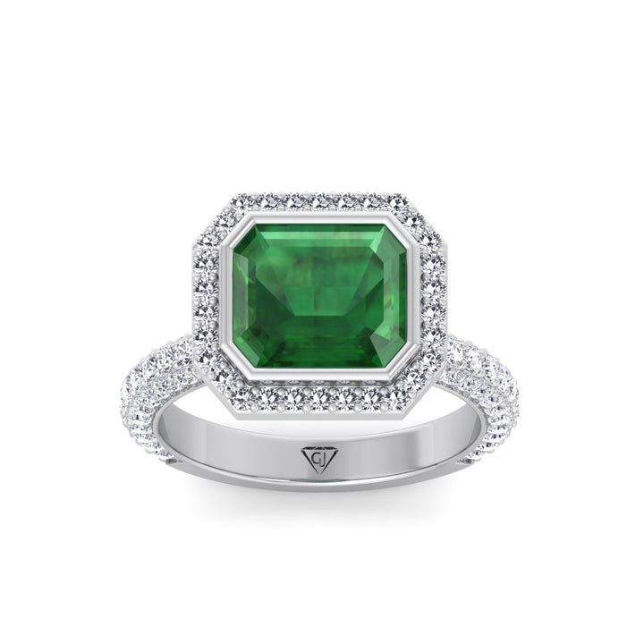 Natural Green Emerald Halo Engagement Ring With Pave Band WG 3