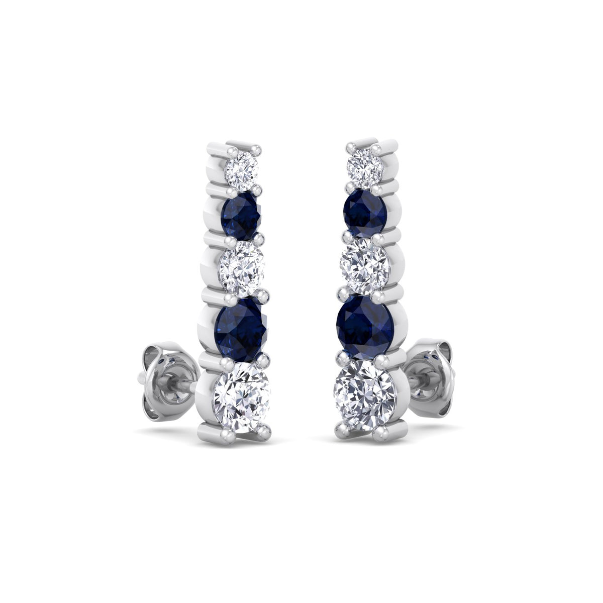 Graduated Natural Diamond and Blue Sapphire Climber Earrings-3CT-14K-18K-White Gold
