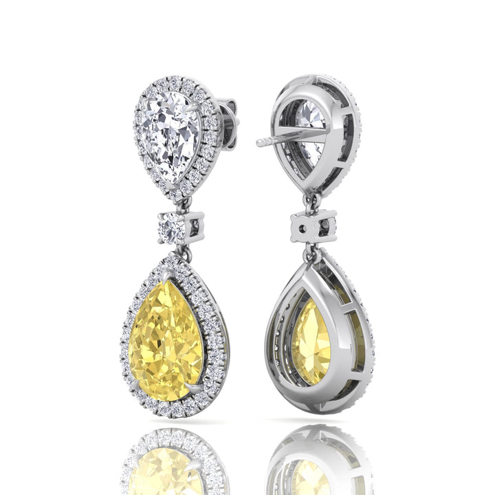 Pear & Round Cut Natural Diamond & Fancy Yellow Diamond Halo Drop Earrings