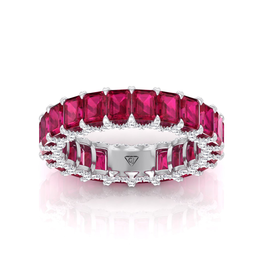 Emerald Cut Natural Red Ruby Eternity Band with Invisible Halo