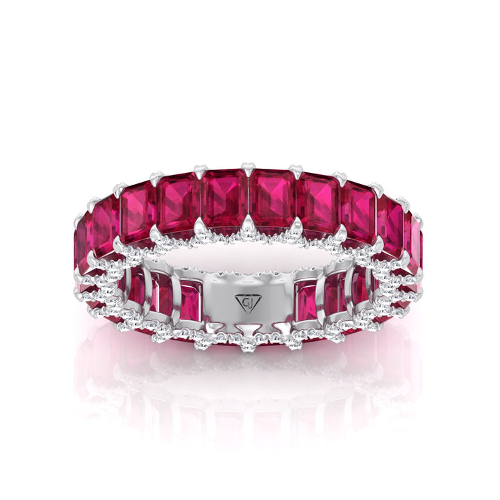 Emerald Cut Natural Red Ruby Eternity Band with Invisible Halo