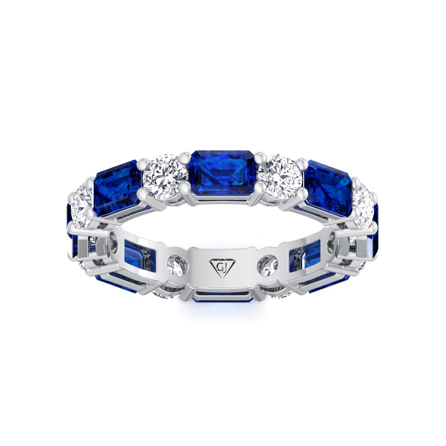 Alternating Natural Emerald Shape Blue Sapphire and Round Shape Diamond Eternity Band White Gold 18K