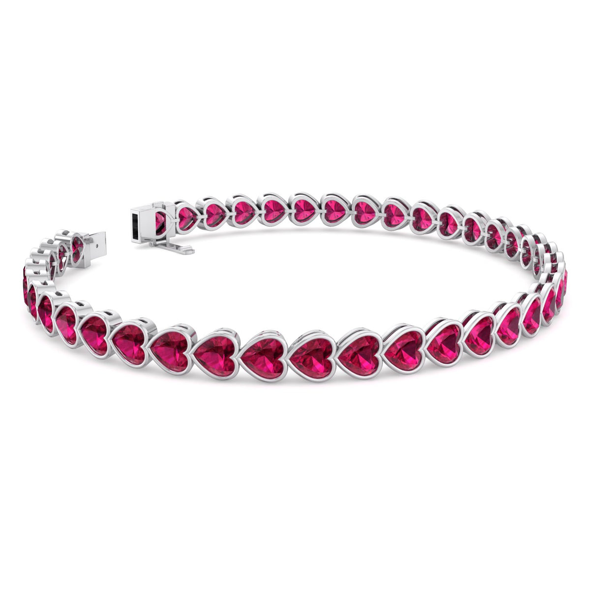East to West Heart Shape Bezel Set Natural Red Ruby Tennis Bracelet White Gold 14K