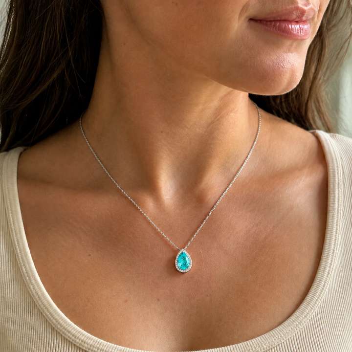 Pear Shape Halo Natural Paraiba Tourmaline Pendant White Gold