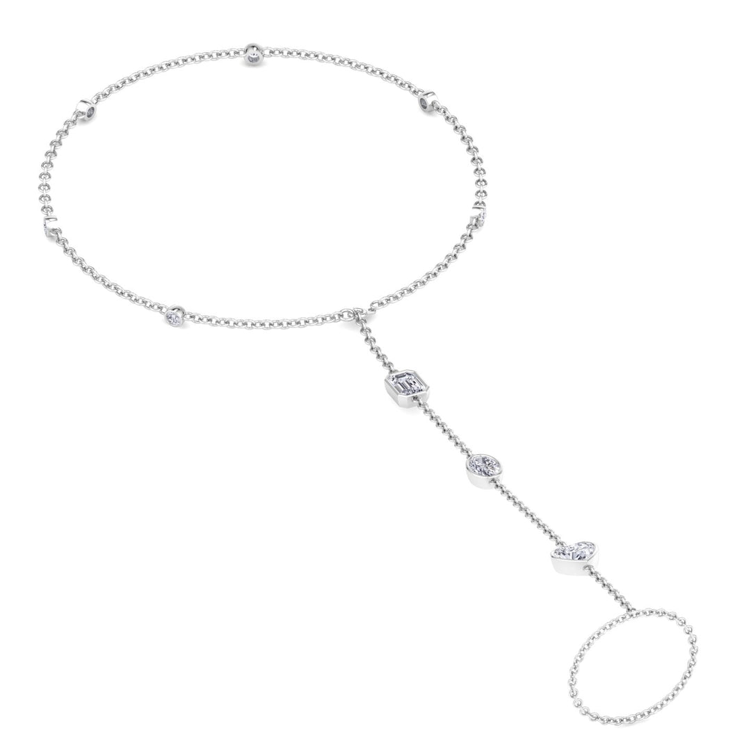Bezel Set Natural Diamond Hand Ring Chain White Gold 