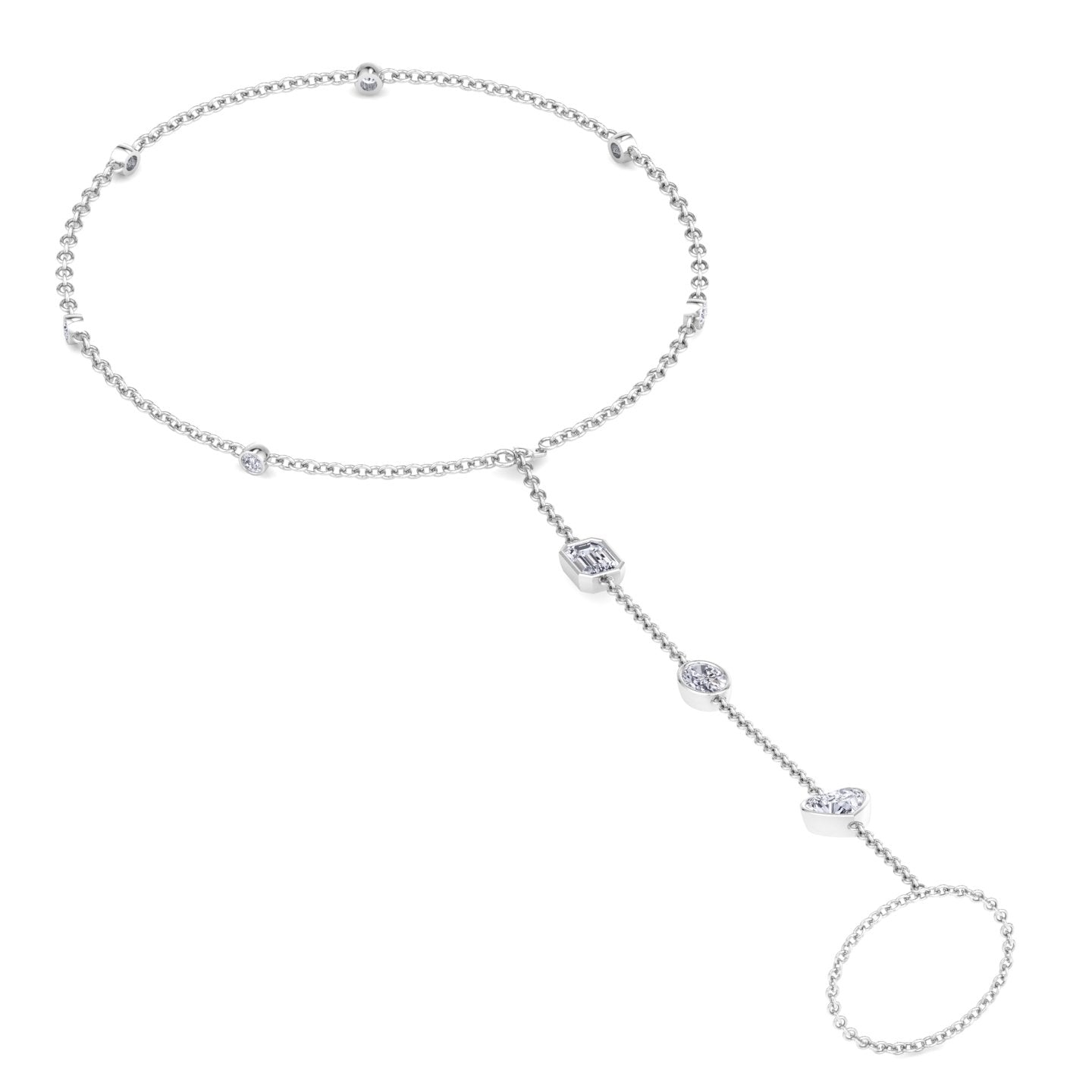 Bezel Set Natural Diamond Hand Ring Chain White Gold 
