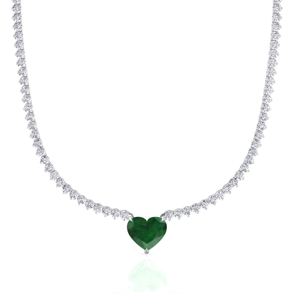  3-Prong Tennis Necklace with Green Emerald Heart Shape Pendant WG