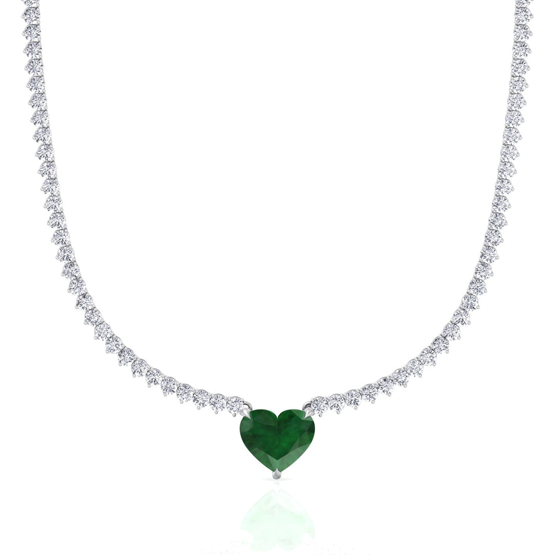 3-Prong Tennis Necklace with Green Emerald Heart Shape Pendant WG