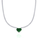  3-Prong Tennis Necklace with Green Emerald Heart Shape Pendant WG