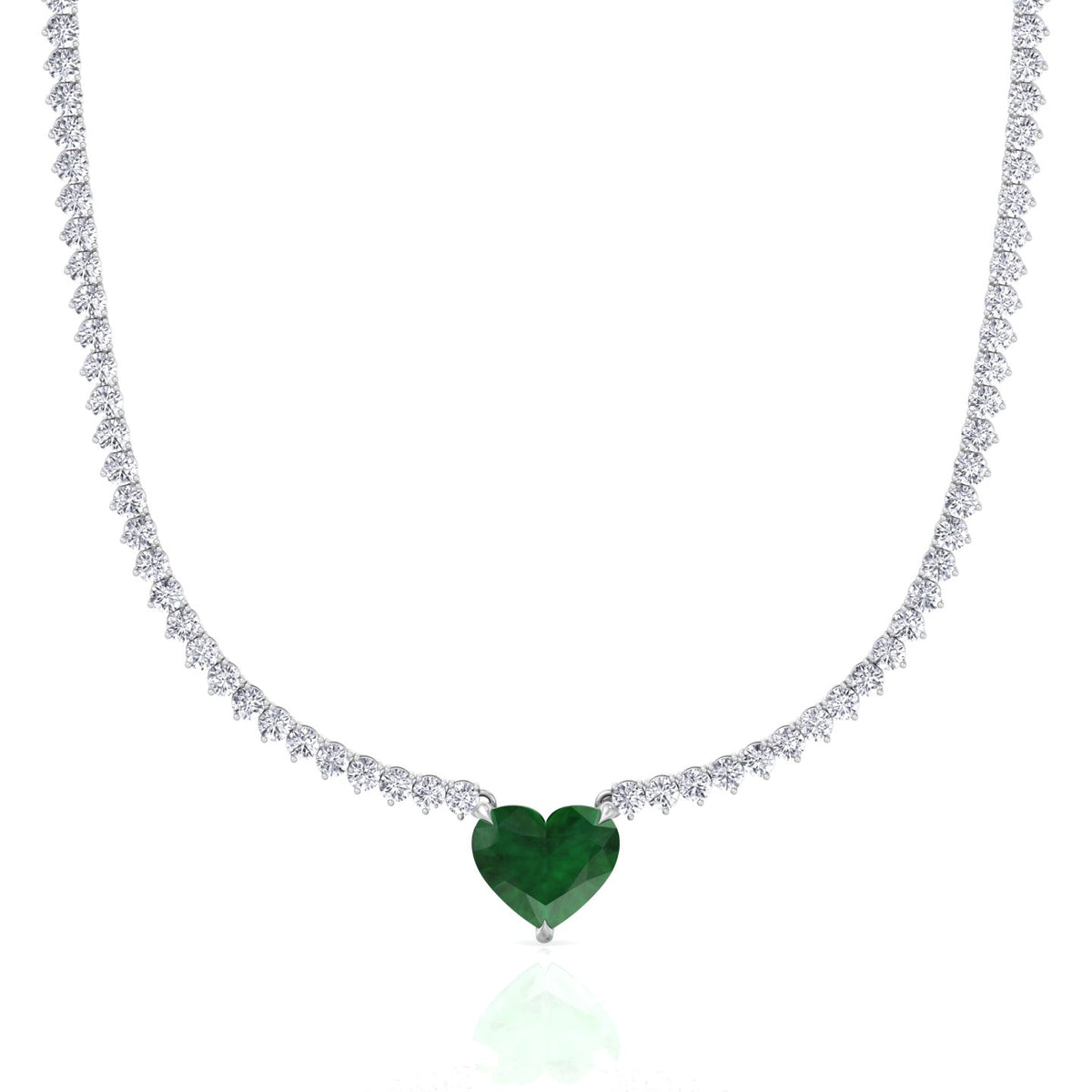  3-Prong Tennis Necklace with Green Emerald Heart Shape Pendant WG