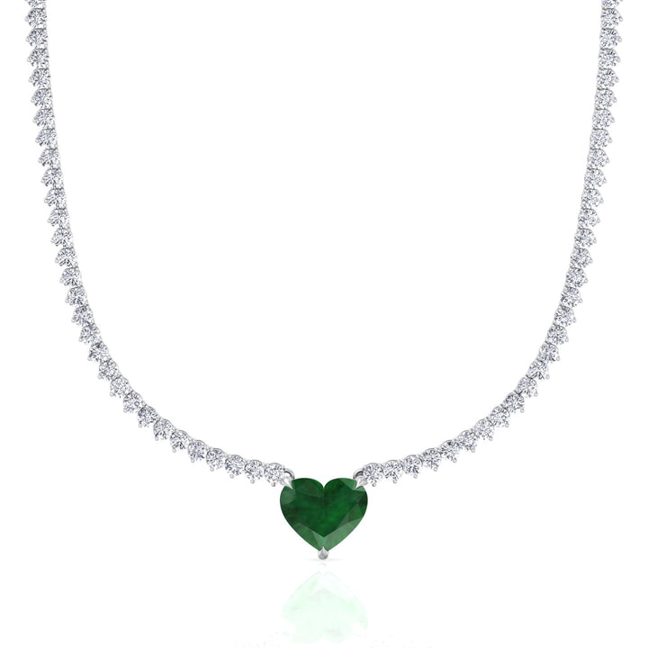  3-Prong Tennis Necklace with Green Emerald Heart Shape Pendant WG