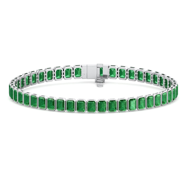 Bezel Set Emerald Cut Natural Green Emerald Tennis Bracelet White Gold 14K 18K