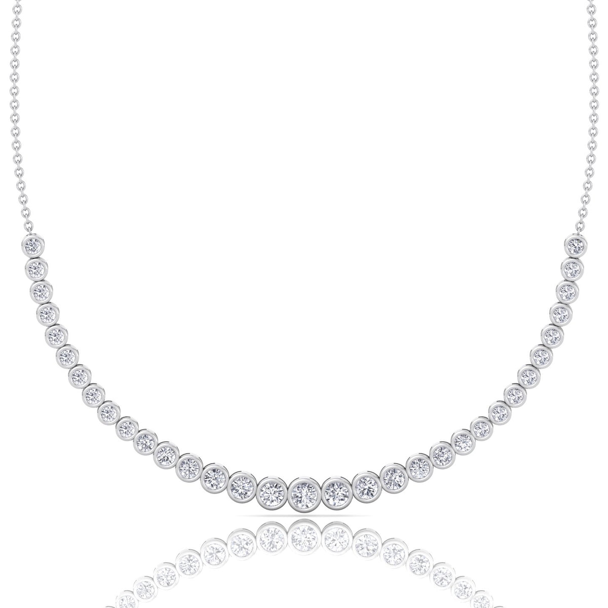 Halfway Graduated Bezel Set Natural Diamond Tennis Necklace White Gold 18K