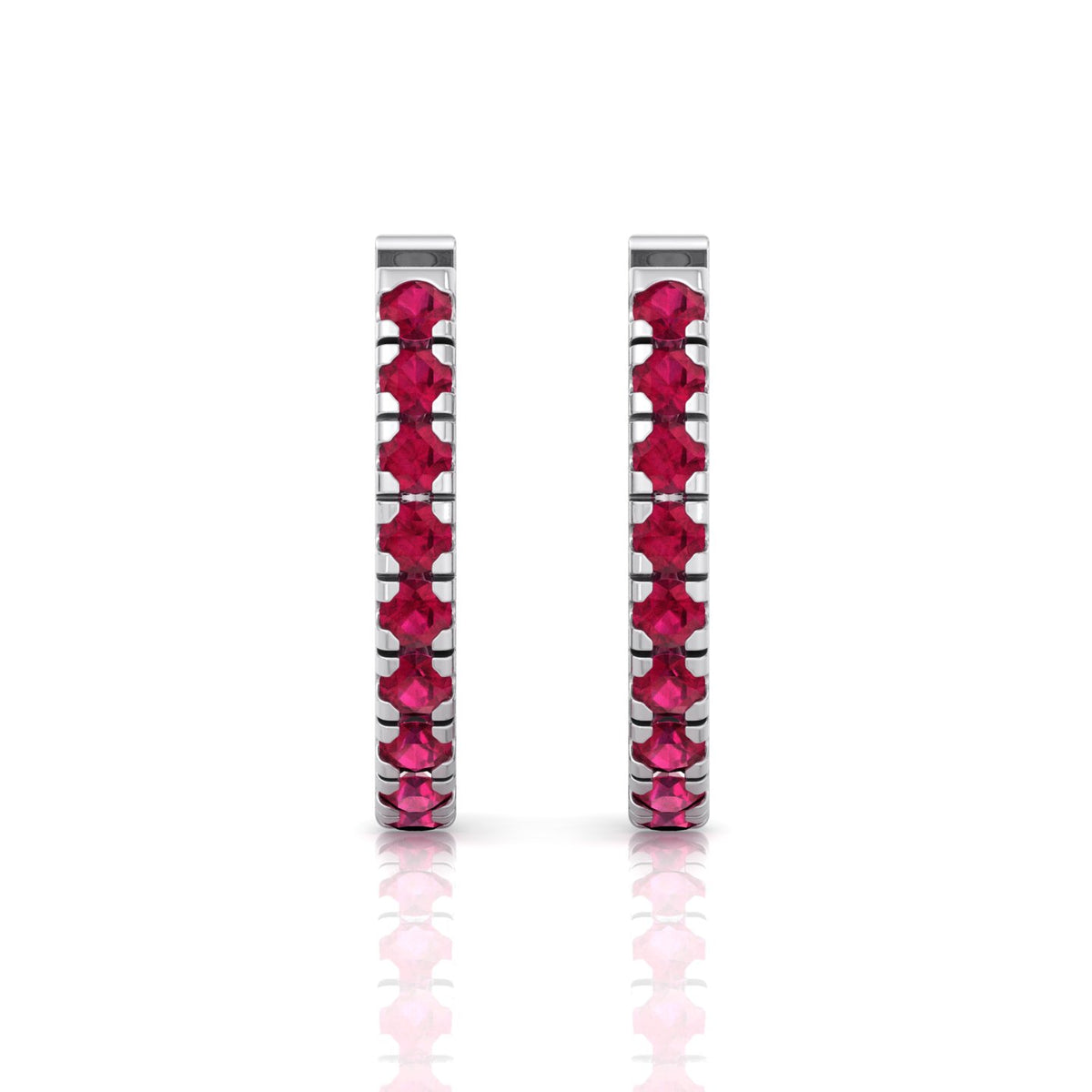 Natural Red Ruby Round Shape Huggie Hoop Earring White Gold 14K